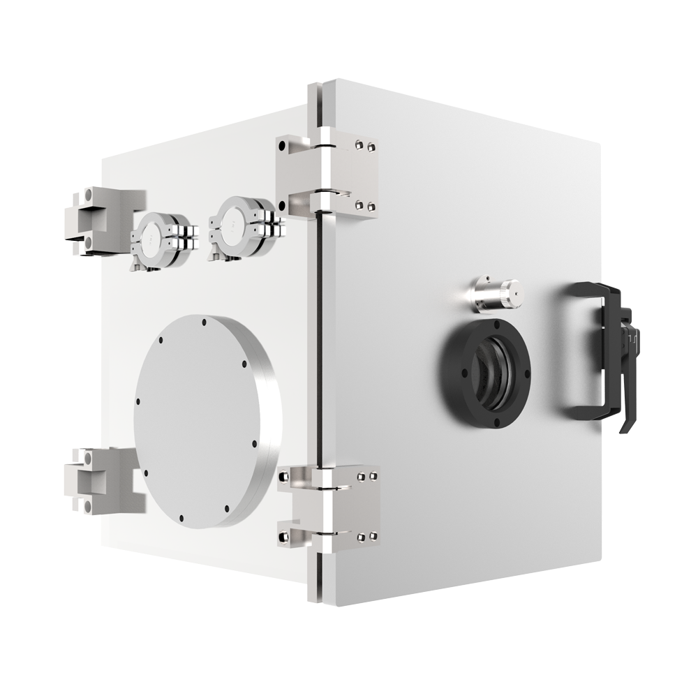 12 in Cubic Vacuum Chamber, Preconfigured with ISO and KF Flanges and User Selectable Latching Door, Stainless Steel